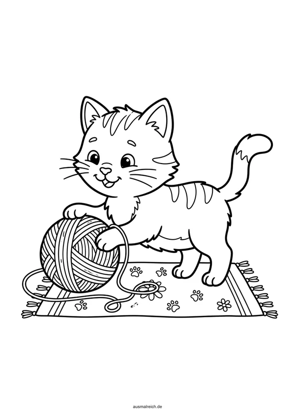 Katze spielt mit Wollknäuel - Kostenloses Ausmalbild für Kinder (5-7 Jahre)