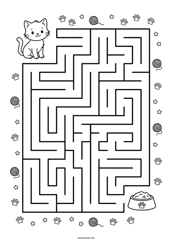 Kostenloses Labyrinth-Rätsel für Kinder (4-5 Jahre): Labyrinth: Katze sucht ihren Futternapf