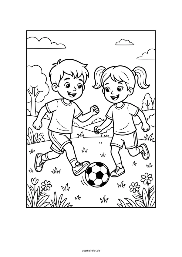Kinder beim fröhlichen Fußballspiel - Kostenloses Ausmalbild für Kinder (5-7 Jahre)