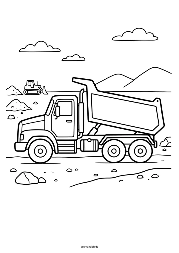 Kipper LKW auf der Baustelle - Kostenloses Ausmalbild für Kinder (4-5 Jahre)