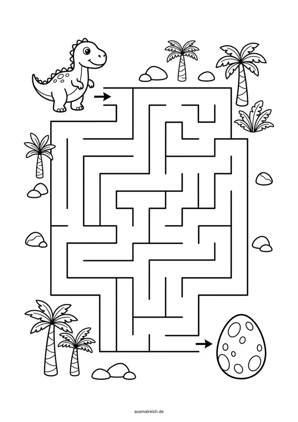 Kostenloses Labyrinth-Rätsel für Kinder (4-5 Jahre): Labyrinth: Kleiner Dinosaurier zum Ei