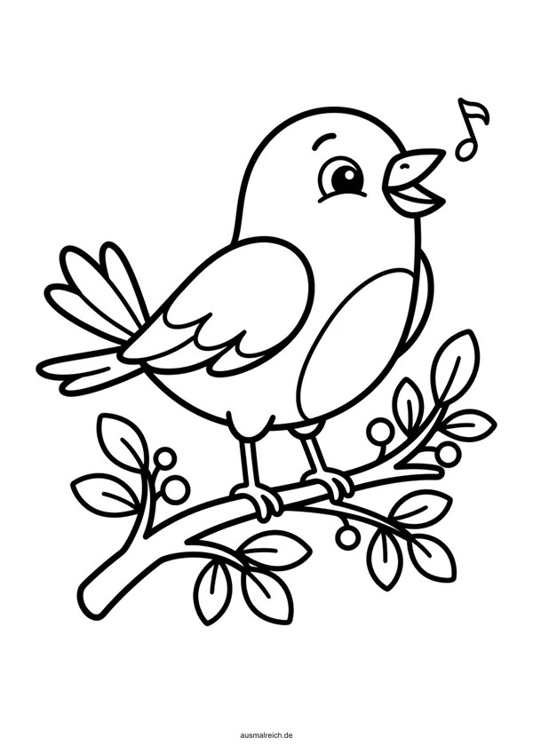 Kleiner Singvogel auf dem Ast - Kostenloses Ausmalbild für Kinder (4-5 Jahre)