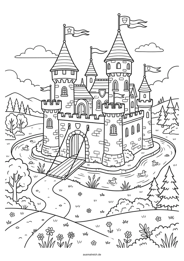 Märchenburg mit Zugbrücke und Fossa - Kostenloses Ausmalbild für Kinder (5-7 Jahre)