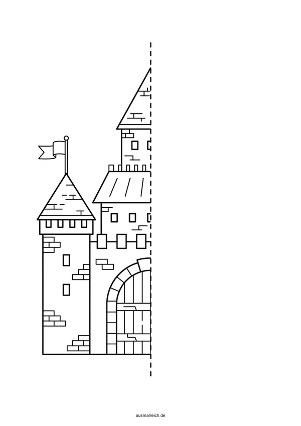 Symmetrie-Zeichenübung für Kinder (6-8 Jahre): Bild vervollständigen: Märchenschloss