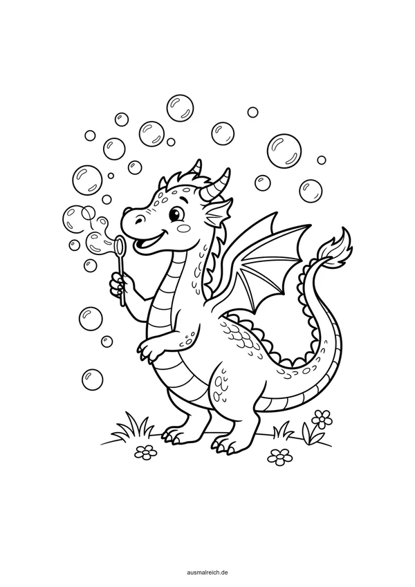 Niedlicher freundlicher Drache - Kostenloses Ausmalbild für Kinder (6-8 Jahre)