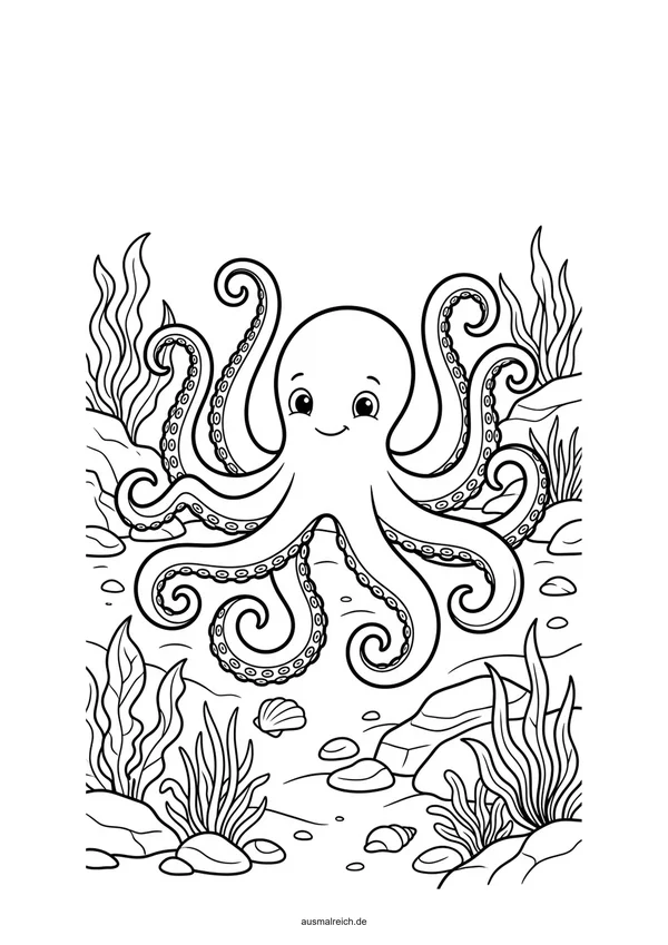 Oktopus ruht am Meeresboden - Kostenloses Ausmalbild für Kinder (5-7 Jahre)