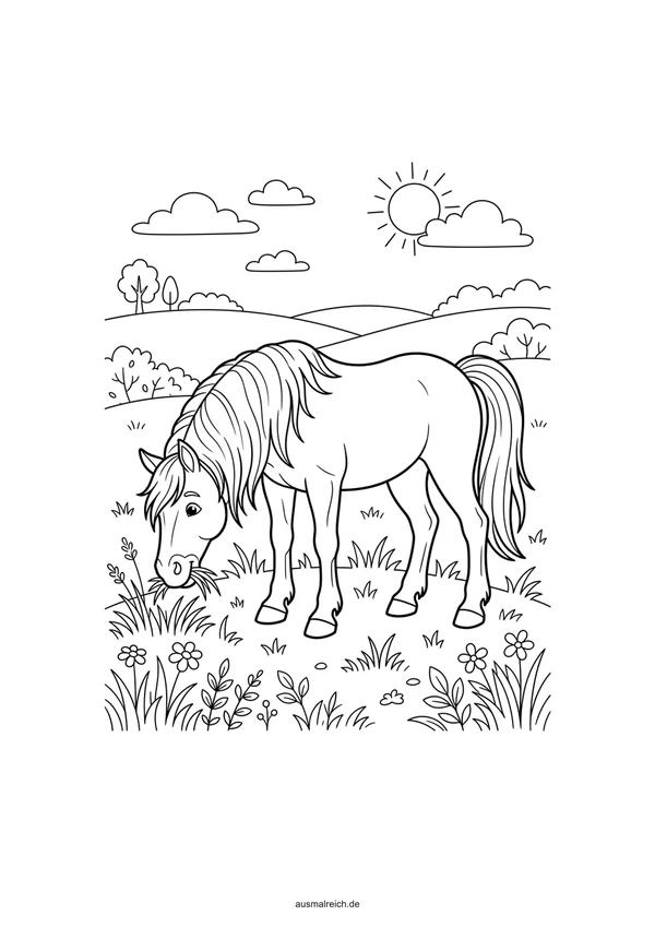 Pferd grast auf der grünen Wiese - Kostenloses Ausmalbild für Kinder (5-7 Jahre)