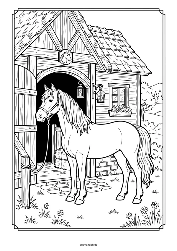 Pferd vor dem Pferdestall - Kostenloses Ausmalbild für Kinder (5-7 Jahre)