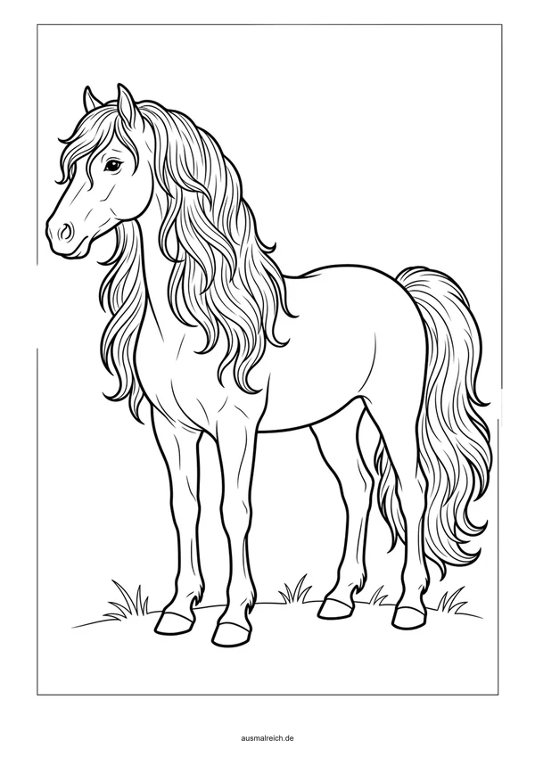 Pferd mit schöner langer Mähne - Kostenloses Ausmalbild für Kinder (6-8 Jahre)