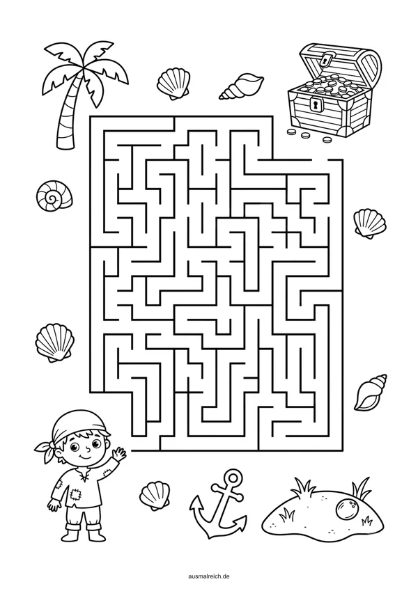 Kostenloses Labyrinth-Rätsel für Kinder (5-7 Jahre): Labyrinth: Pirat sucht den Schatz