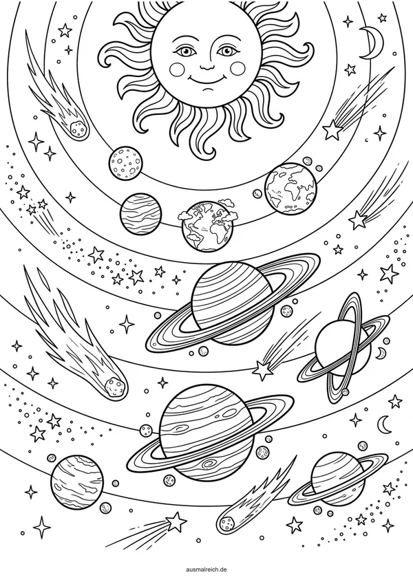 Planeten im Sonnensystem - Kostenloses Ausmalbild für Kinder (5-7 Jahre)