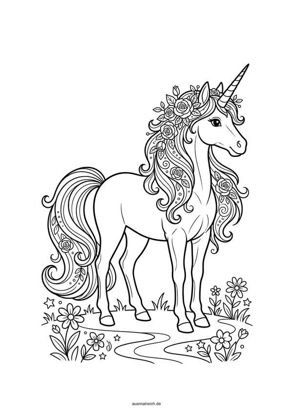 Prachtvolles Einhorn mit Blütenkrone - Kostenloses Ausmalbild für Kinder (5-7 Jahre)