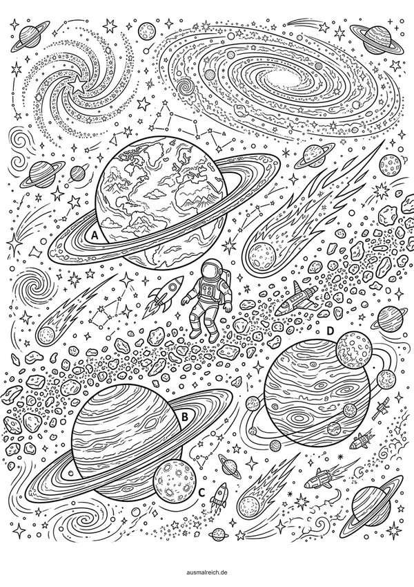 Präzise Galaxie mit funkelnden Sternen - Kostenloses Ausmalbild für Kinder (8-12 Jahre)