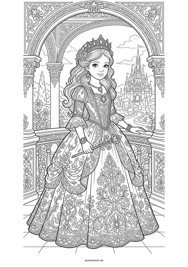 Präzise Prinzessin mit Spitzenkleid - Kostenloses Ausmalbild für Kinder (8-12 Jahre)