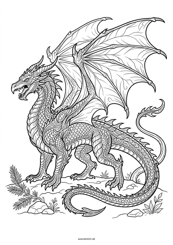 Präziser legendärer Drache mit Schuppen - Kostenloses Ausmalbild für Kinder (8-12 Jahre)