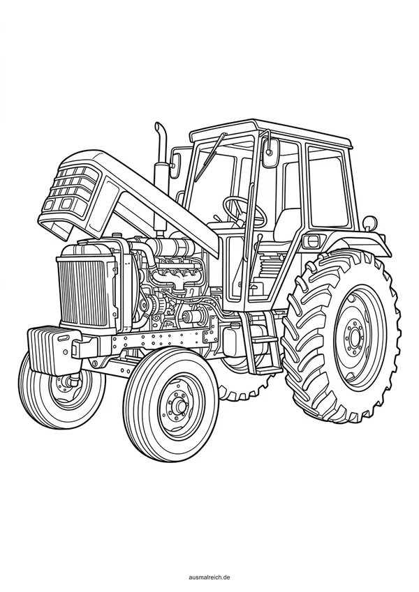 Präziser Traktor mit Motordetails - Kostenloses Ausmalbild für Kinder (8-12 Jahre)