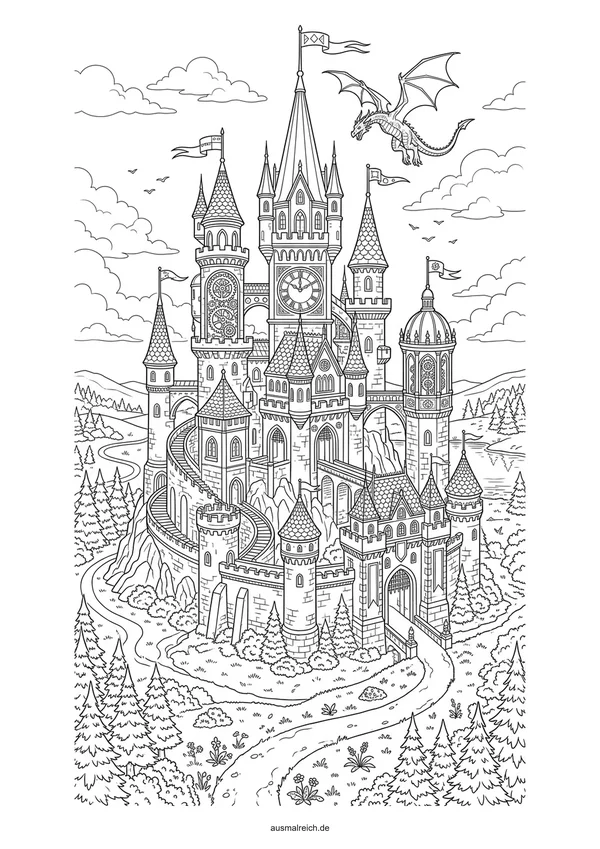 Präzises Märchenschloss mit vielen Details - Kostenloses Ausmalbild für Kinder (8-12 Jahre)