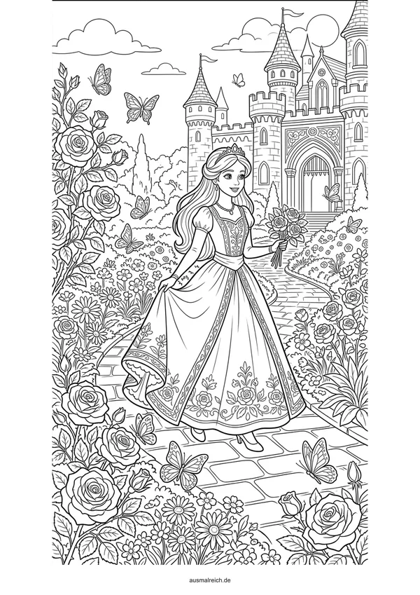 Prinzessin im blühenden Schlossgarten - Kostenloses Ausmalbild für Kinder (5-7 Jahre)