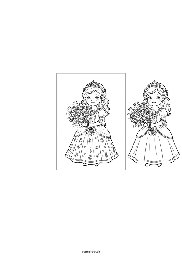 Prinzessin mit buntem Blumenstrauß - Kostenloses Ausmalbild für Kinder (5-7 Jahre)