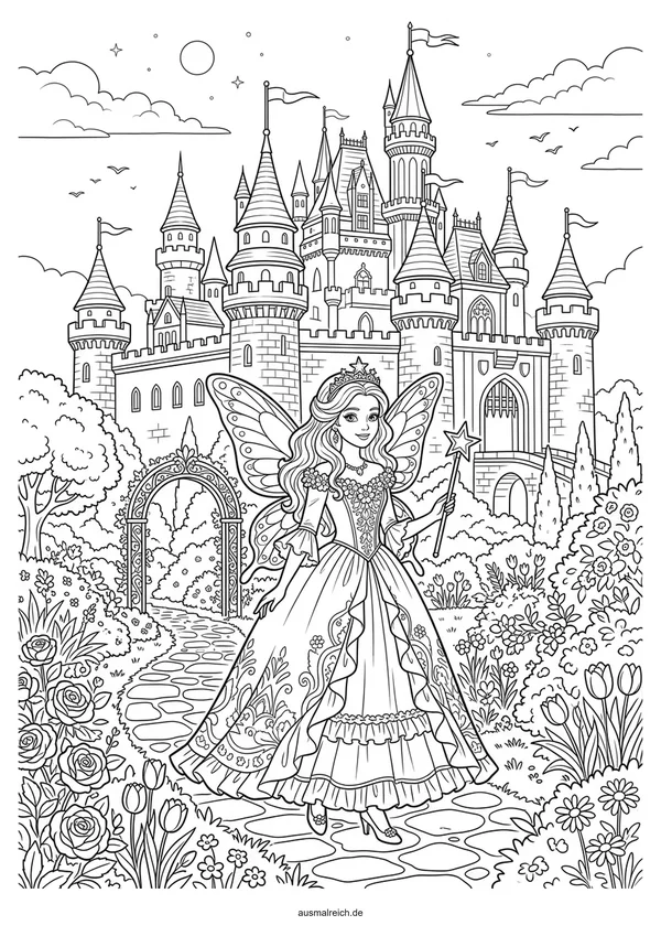 Prinzessin vor dem Märchenschloss - Kostenloses Ausmalbild für Kinder (5-7 Jahre)