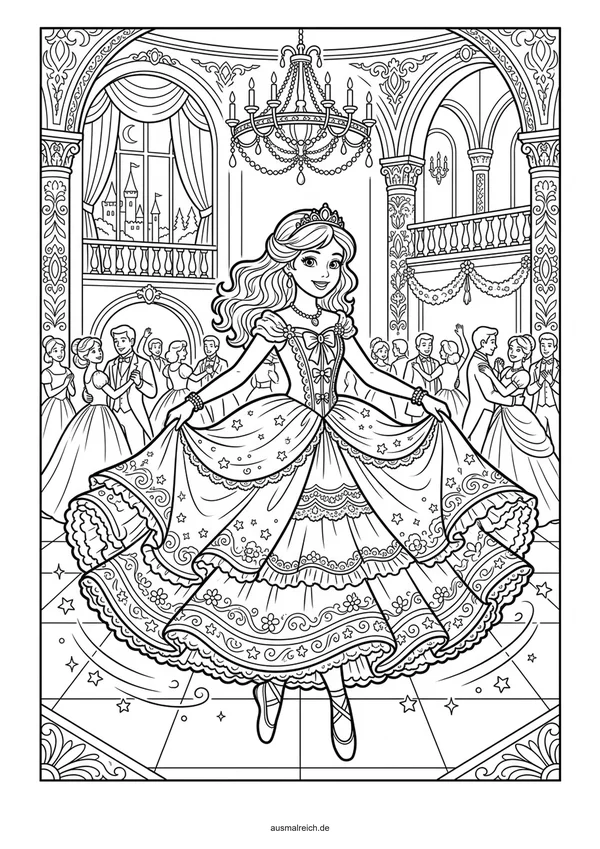 Prinzessin tanzt auf dem Ball - Kostenloses Ausmalbild für Kinder (6-8 Jahre)