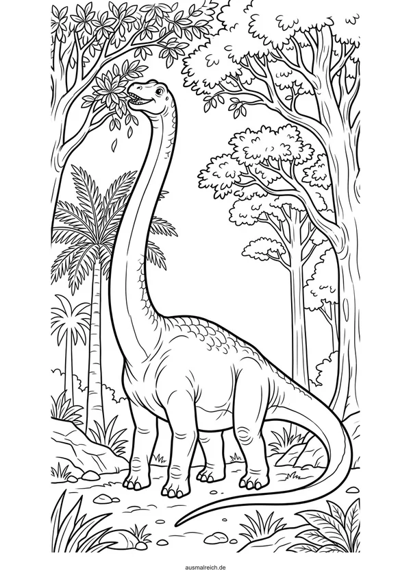 Riesiger Diplodocus frisst Baumkronen - Kostenloses Ausmalbild für Kinder (5-7 Jahre)