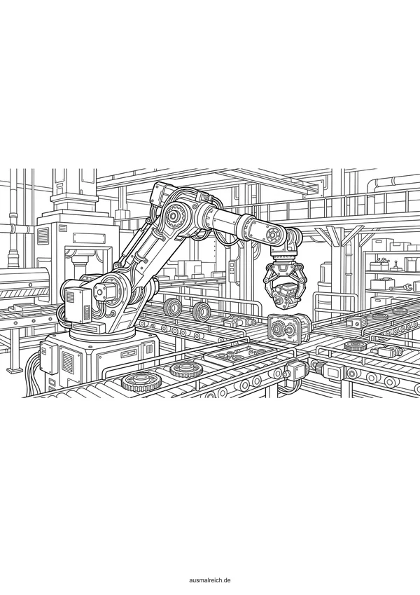 Roboter in der Automatikfabrik - Kostenloses Ausmalbild für Kinder (8-12 Jahre)