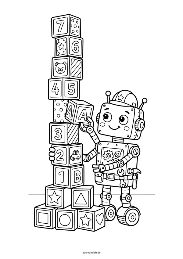 Roboter baut mit bunten Bausteinen - Kostenloses Ausmalbild für Kinder (5-7 Jahre)