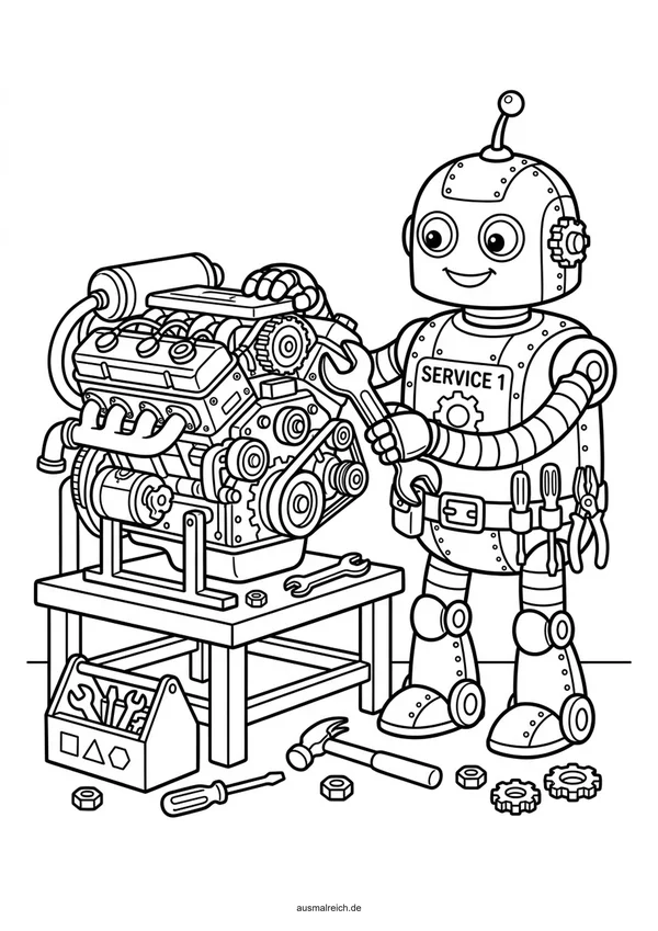 Roboter repariert eine Maschine - Kostenloses Ausmalbild für Kinder (5-7 Jahre)
