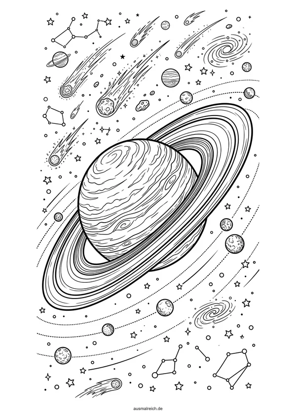 Saturn mit schimmernden Ringen - Kostenloses Ausmalbild für Kinder (6-8 Jahre)