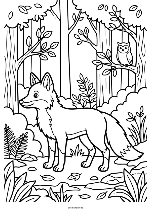 Schlauer Fuchs im Wald - Kostenloses Ausmalbild für Kinder (4-5 Jahre)