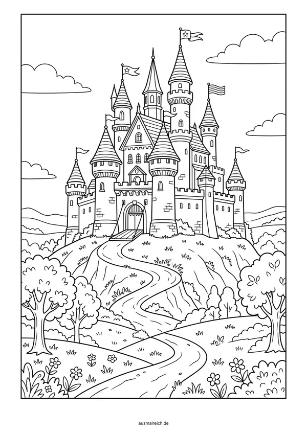 Schloss auf dem Berghügel - Kostenloses Ausmalbild für Kinder (5-7 Jahre)