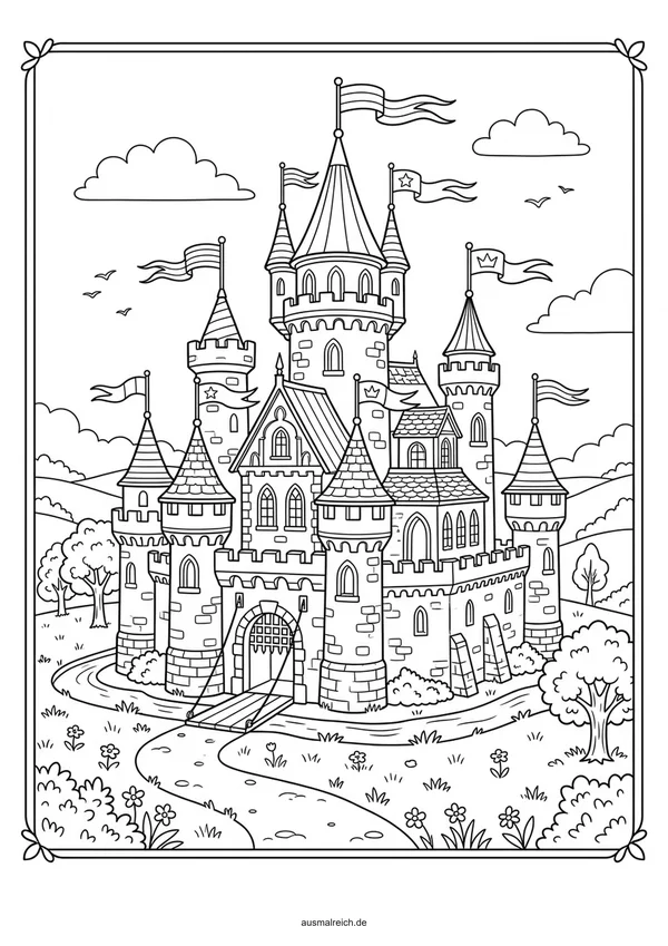 Schloss geschmückt mit bunten Fahnen - Kostenloses Ausmalbild für Kinder (5-7 Jahre)