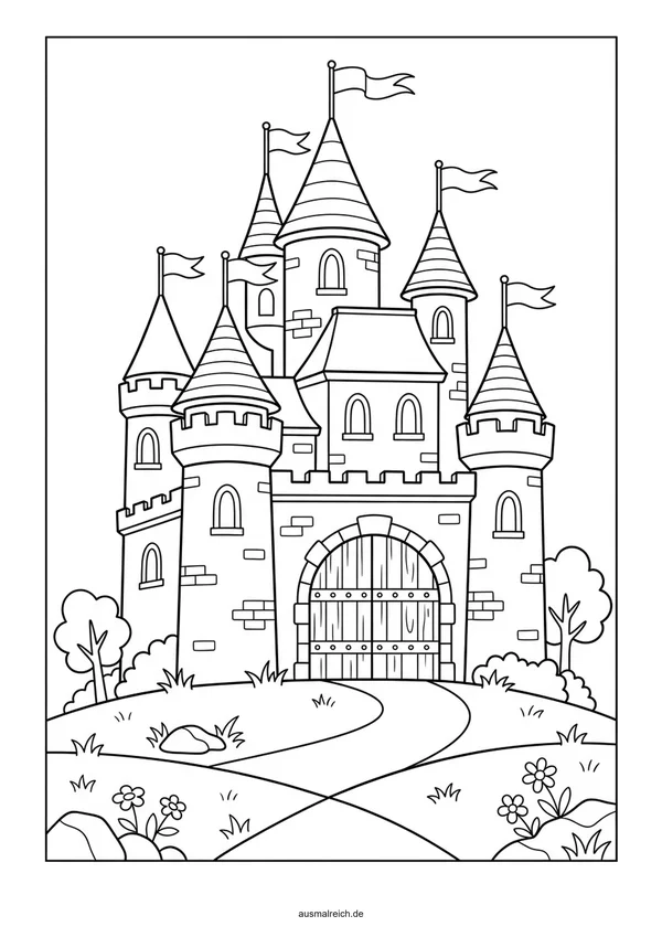 Schloss mit großem Eichentor - Kostenloses Ausmalbild für Kinder (6-8 Jahre)