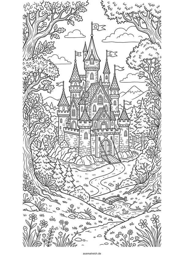 Schloss umgeben von hohen Bäumen - Kostenloses Ausmalbild für Kinder (5-7 Jahre)