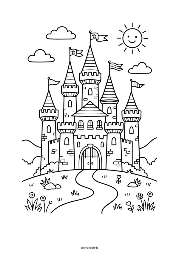 Schloss mit hohen spitzen Türmen - Kostenloses Ausmalbild für Kinder (4-5 Jahre)