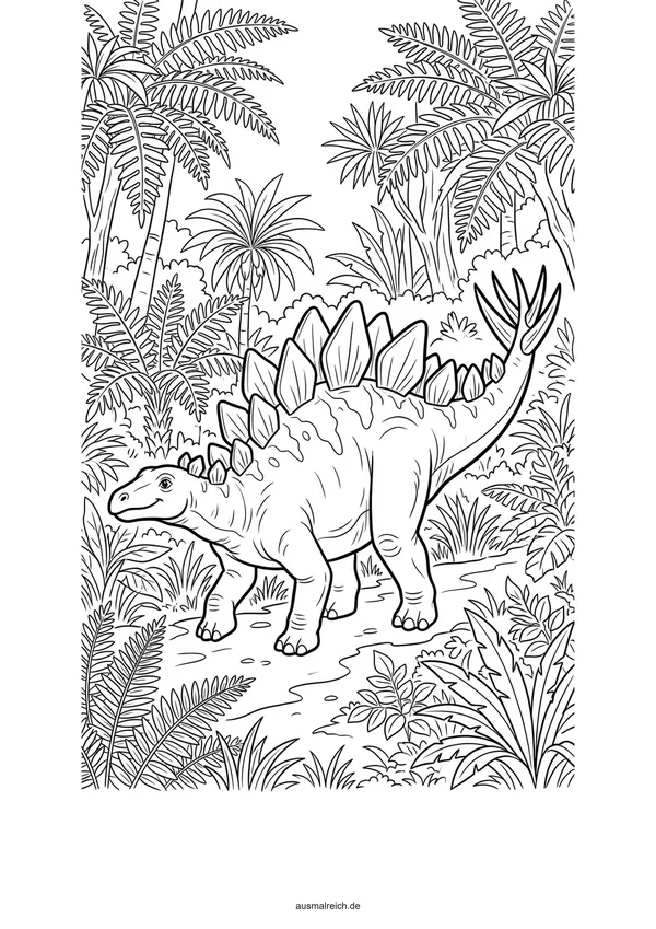 Stegosaurus bei Urzeitfarnen - Kostenloses Ausmalbild für Kinder (5-7 Jahre)