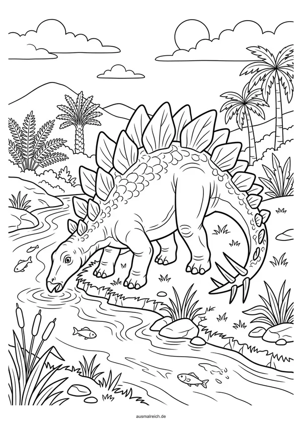 Stegosaurus am Urzeitfluss - Kostenloses Ausmalbild für Kinder (6-8 Jahre)