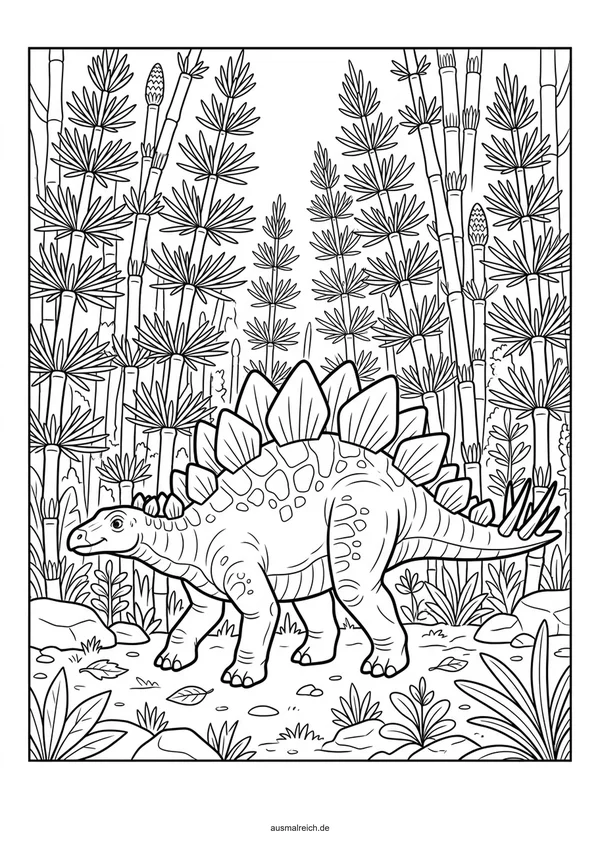 Stegosaurus im Urzeitwald mit Farnen - Kostenloses Ausmalbild für Kinder (6-8 Jahre)
