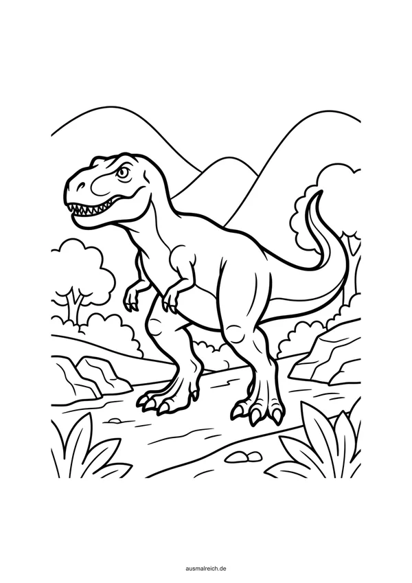 T-Rex im Urzeitwald - Kostenloses Ausmalbild für Kinder (4-5 Jahre)