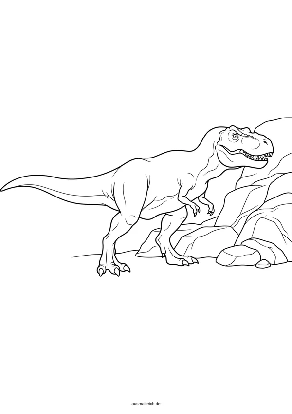 T-Rex neben großen Felsen - Kostenloses Ausmalbild für Kinder (5-7 Jahre)