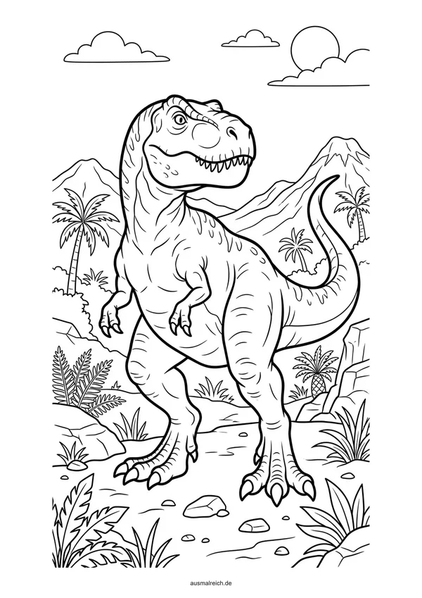 T-Rex in der Prähistorischen Landschaft - Kostenloses Ausmalbild für Kinder (5-7 Jahre)