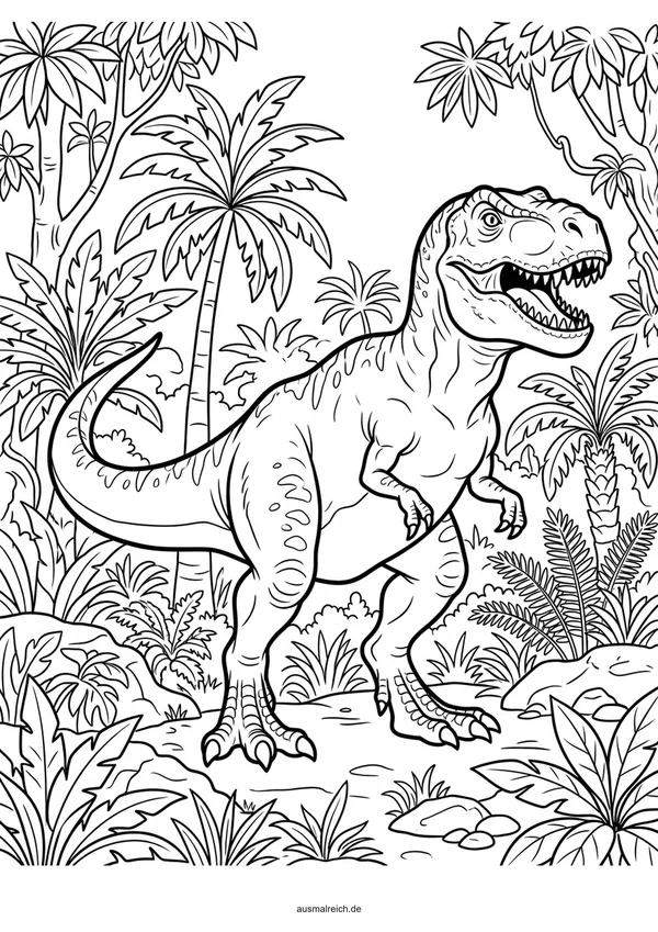 T-Rex streift durch den Dschungel - Kostenloses Ausmalbild für Kinder (6-8 Jahre)