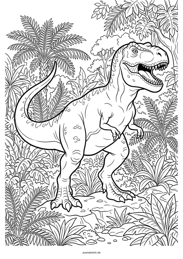 T-Rex zwischen Urzeit-Farnen - Kostenloses Ausmalbild für Kinder (5-7 Jahre)