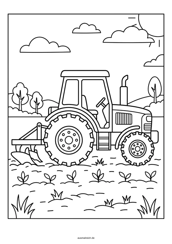 Traktor bei der Feldarbeit - Kostenloses Ausmalbild für Kinder (5-7 Jahre)