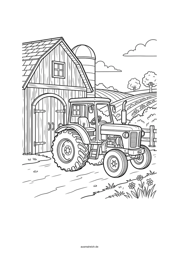 Traktor vor der Holzscheune - Kostenloses Ausmalbild für Kinder (5-7 Jahre)