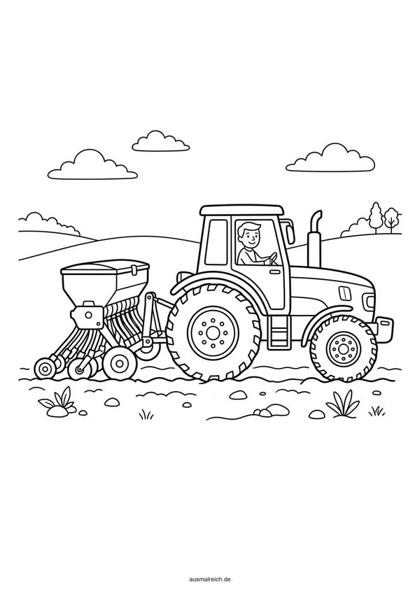 Traktor mit Sämaschine - Kostenloses Ausmalbild für Kinder (6-8 Jahre)