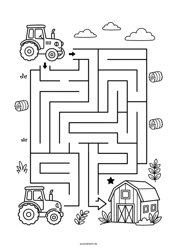 Kostenloses Labyrinth-Rätsel für Kinder (4-5 Jahre): Labyrinth: Traktor fährt zur Scheune