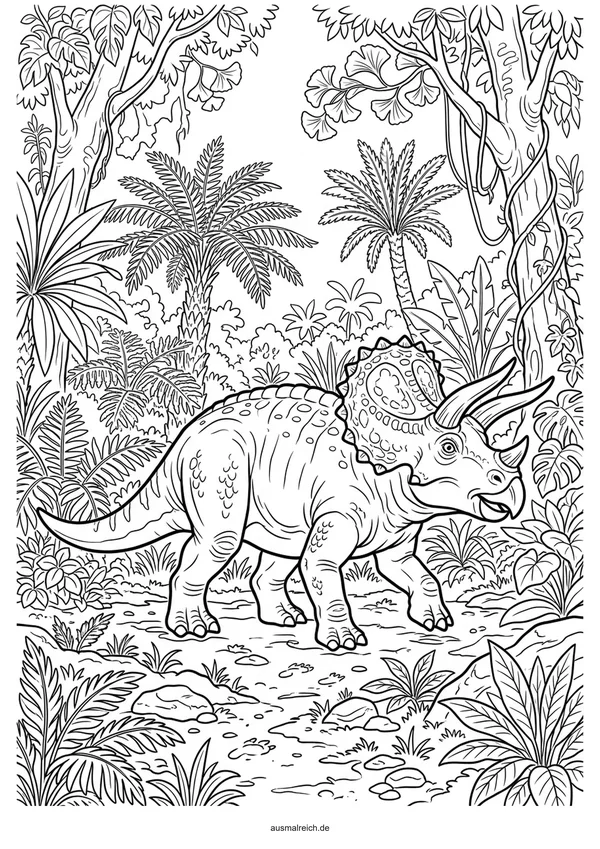 Triceratops im Urwald - Kostenloses Ausmalbild für Kinder (6-8 Jahre)