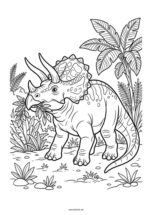 Triceratops bei den Urzeitpflanzen - Kostenloses Ausmalbild für Kinder (5-7 Jahre)